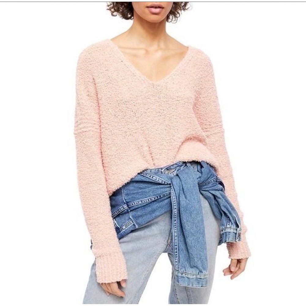 Free People Found My Friend Sweater Womens S Nude Peach Boucle V-Neck OB1010983